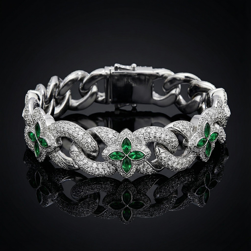 Iced 20mm Emerald Four Leaf Clover Cuban Bracelet Iced 20mm Emerald Four Leaf Clover Cuban Bracelet