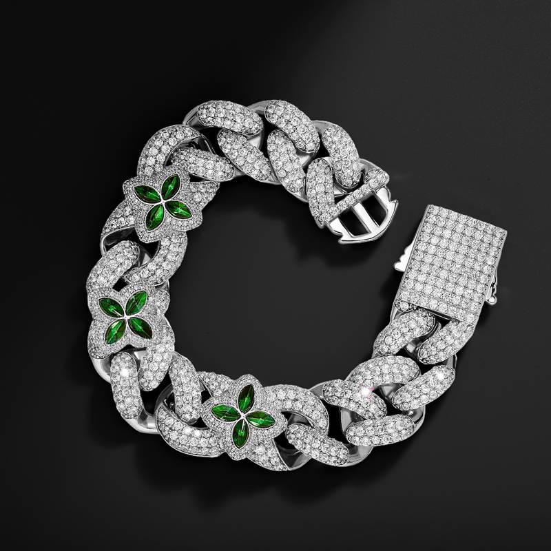 Iced 20mm Emerald Four Leaf Clover Cuban Bracelet Iced 20mm Emerald Four Leaf Clover Cuban Bracelet