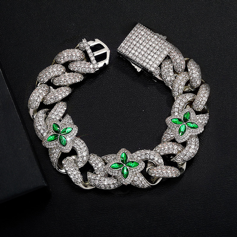 Iced 20mm Emerald Four Leaf Clover Cuban Bracelet Iced 20mm Emerald Four Leaf Clover Cuban Bracelet