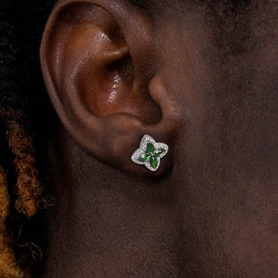 Iced Out Four Leaf Clover Emerald Stud Earrings