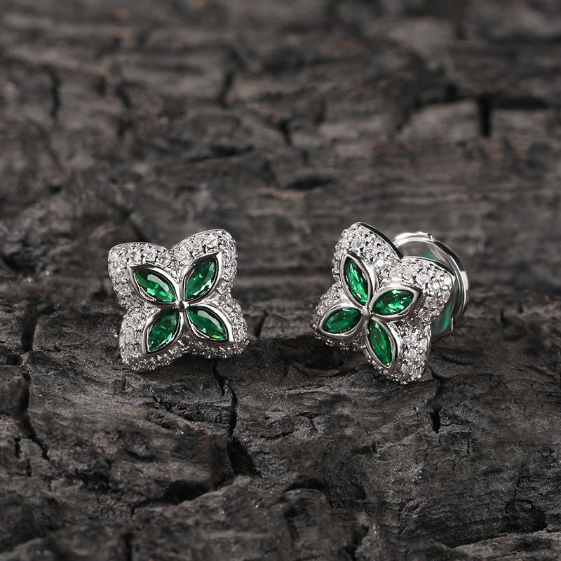 Iced Out Four Leaf Clover Emerald Stud Earrings