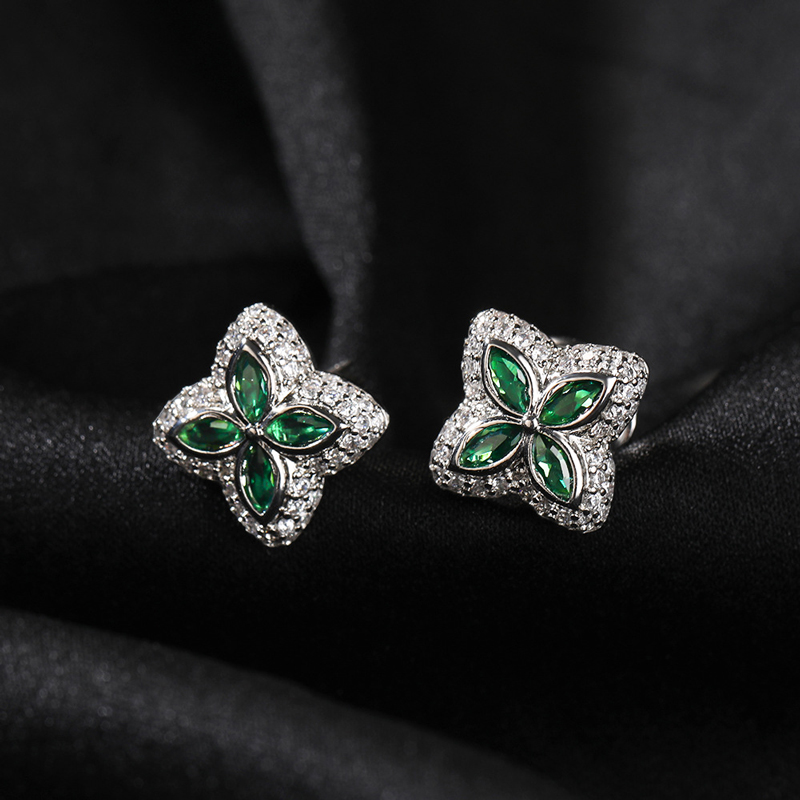 Iced Out Four Leaf Clover Emerald Stud Earrings