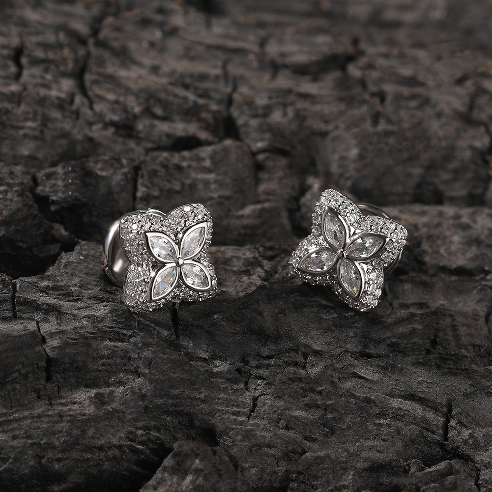 Iced Out Four Leaf Clover Emerald Stud Earrings