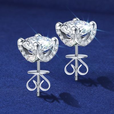 0.5Ct/1Ct S925 & Moissanite Round Cut Stud Earrings With Pave Diamond Basket