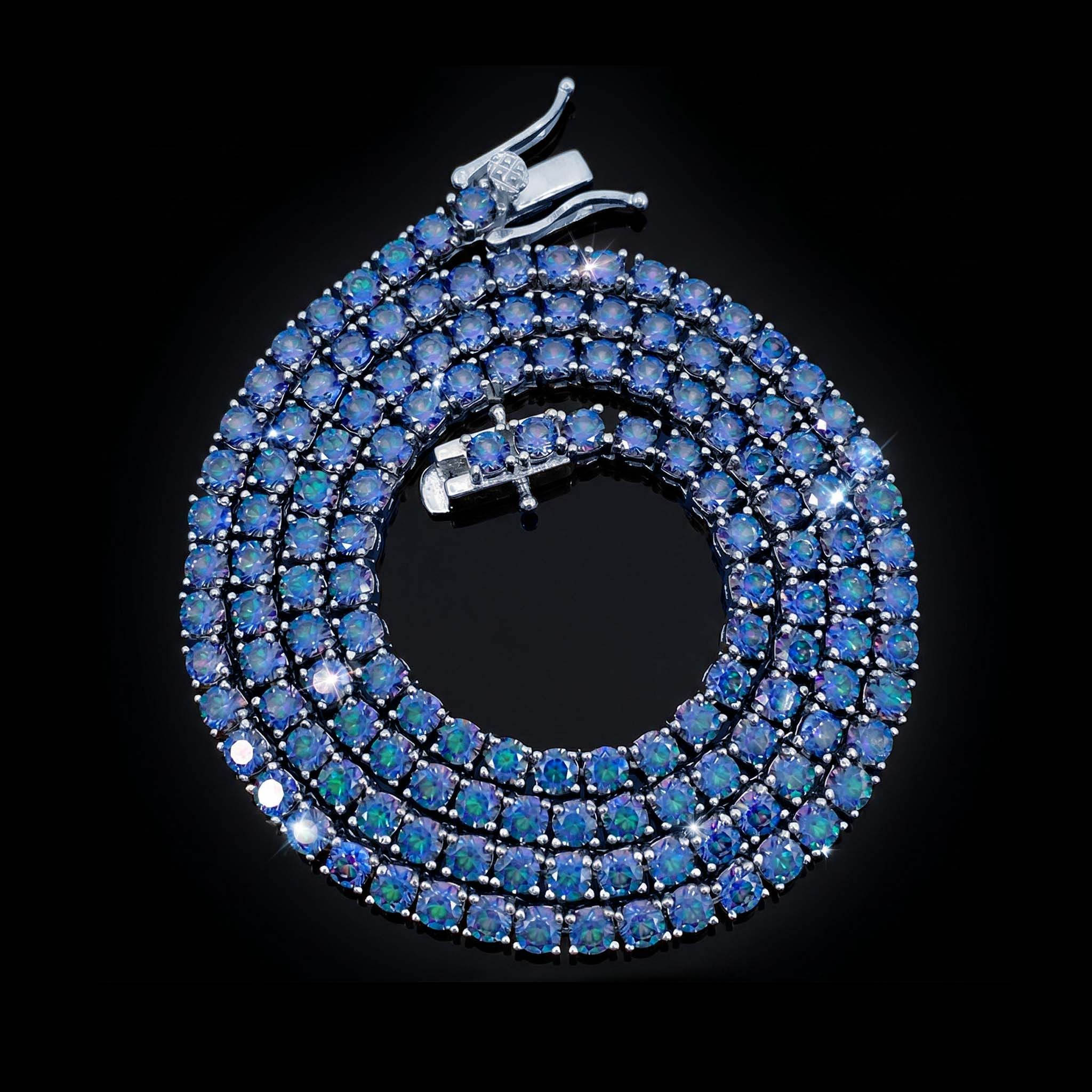 925 Silver & VVS1 Moissanite 3mm/4mm Colorful Blue Tennis Chain in White Gold 925 Silver & VVS1 Moissanite 3mm/4mm Colorful Blue Tennis Chain in White Gold