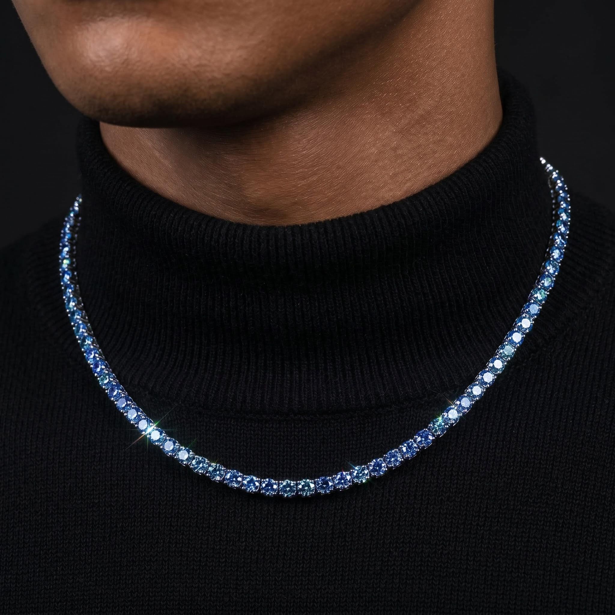 925 Silver & VVS1 Moissanite 3mm/4mm Colorful Blue Tennis Chain in White Gold 925 Silver & VVS1 Moissanite 3mm/4mm Colorful Blue Tennis Chain in White Gold