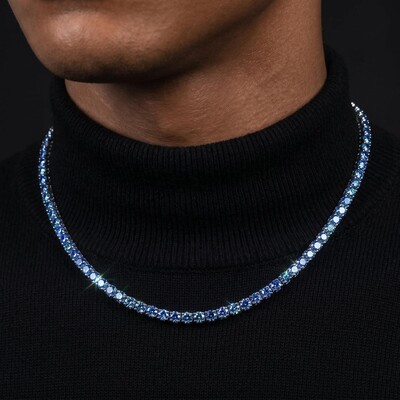 925 Silver & VVS1 Moissanite 3mm/4mm Colorful Blue Tennis Chain in White Gold
