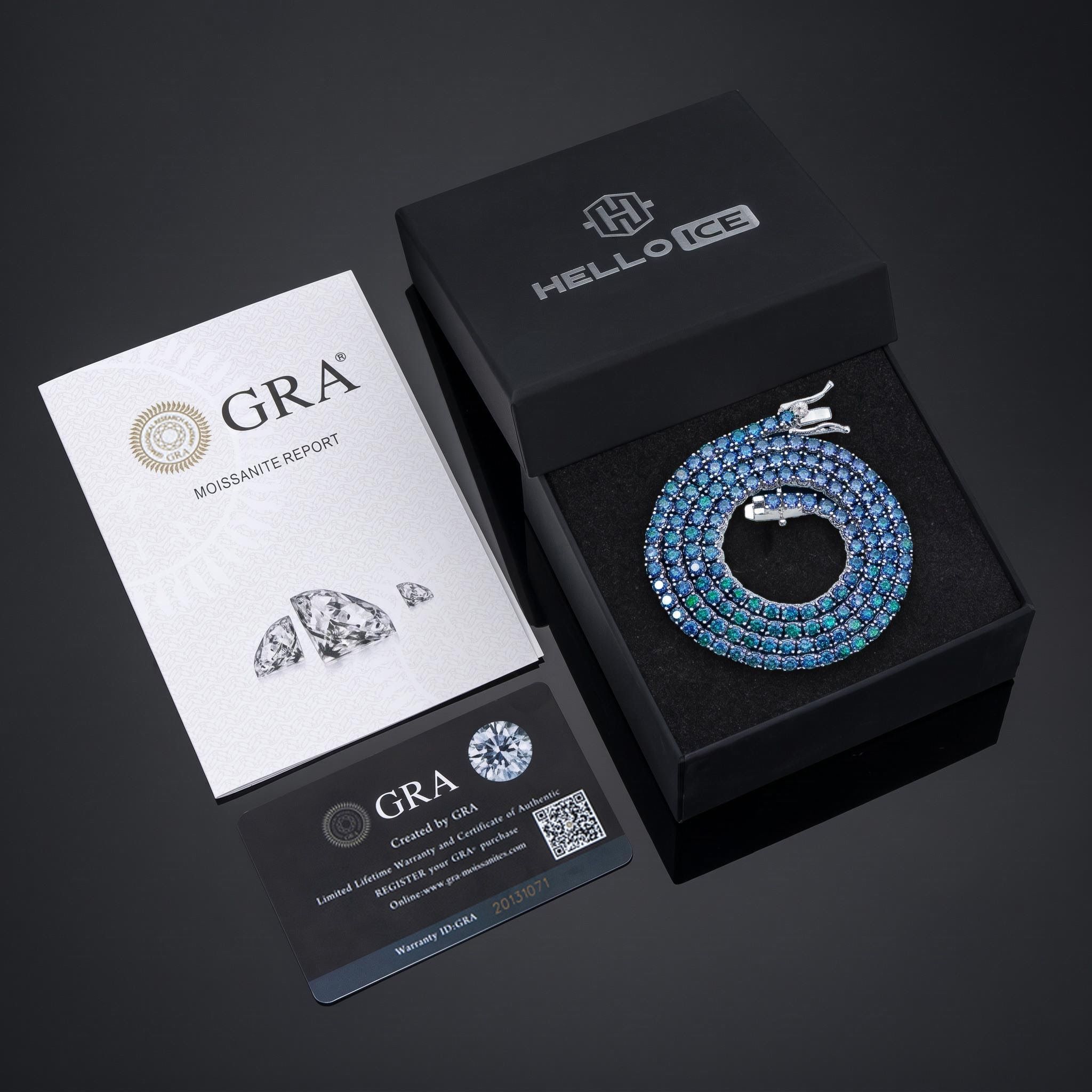 925 Silver & VVS1 Moissanite 3mm/4mm Colorful Blue Tennis Chain in White Gold 925 Silver & VVS1 Moissanite 3mm/4mm Colorful Blue Tennis Chain in White Gold
