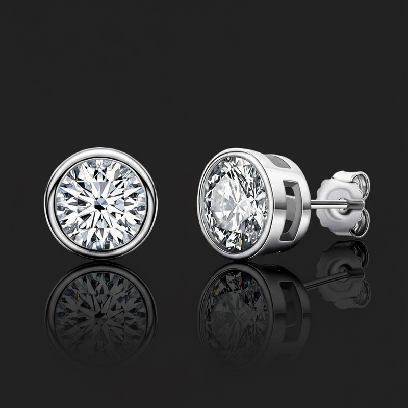 S925 & Moissanite 0.5Ct/1Ct Round Bezel Set Diamond Stud Earrings