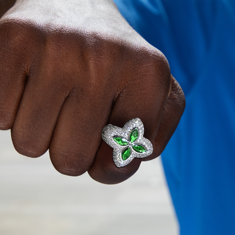 Iced Out Four Leaf Clover Emerald Ring