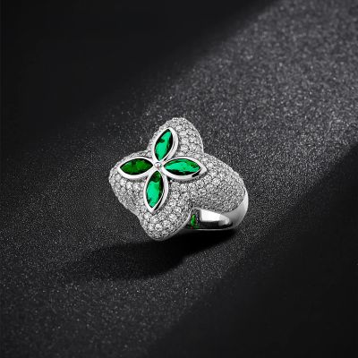 Iced Out Four Leaf Clover Emerald Ring