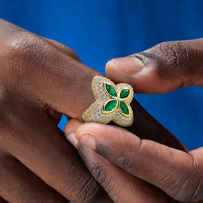 Iced Out Four Leaf Clover Emerald Ring