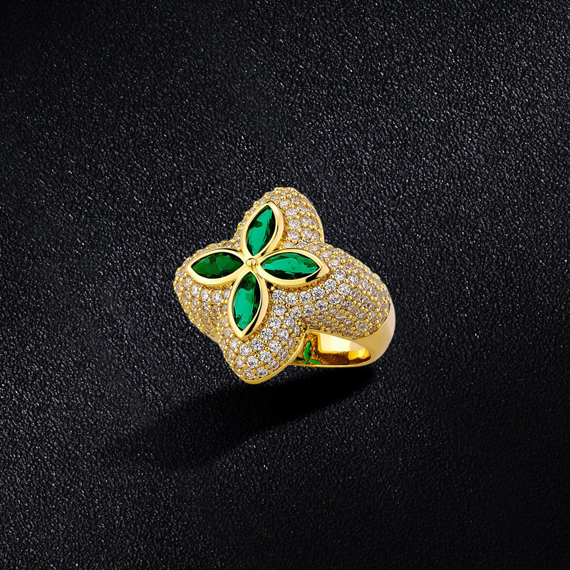 Iced Out Four Leaf Clover Emerald Ring