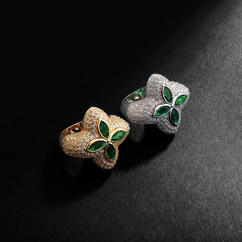 Iced Out Four Leaf Clover Emerald Ring