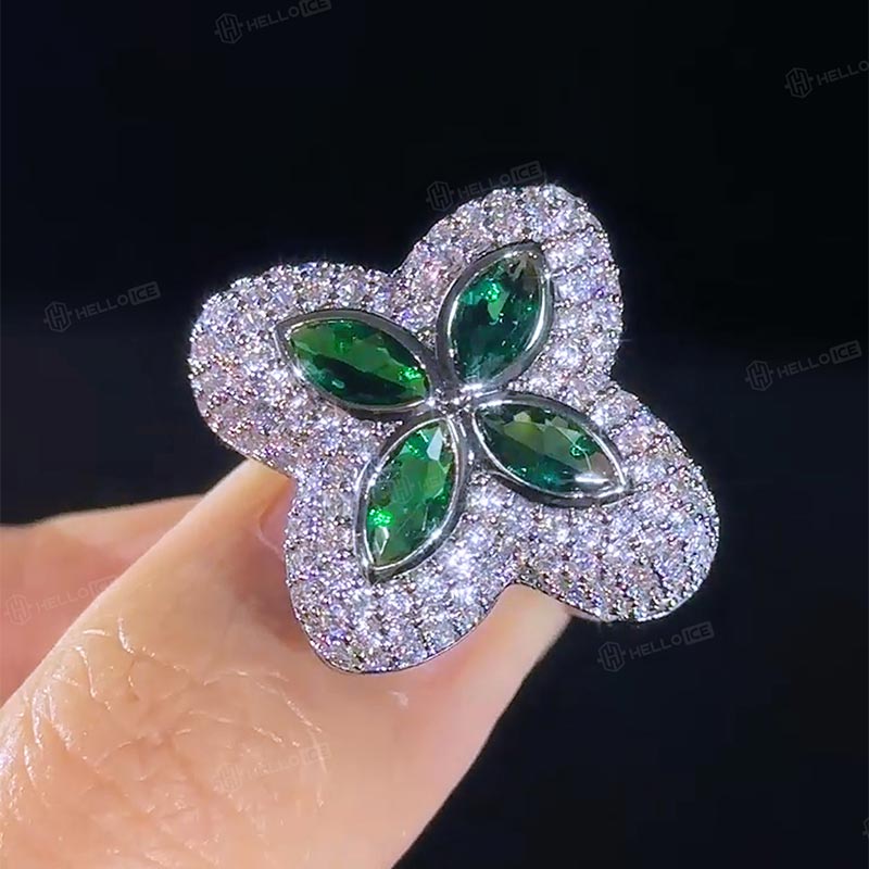 Iced Out Four Leaf Clover Emerald Ring