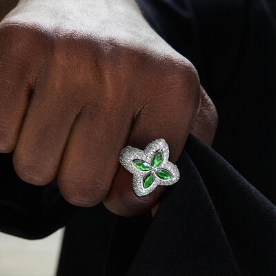 Iced Out Four Leaf Clover Emerald Ring