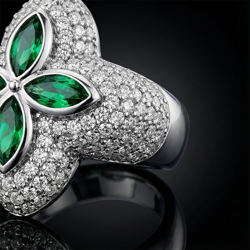 Iced Out Four Leaf Clover Emerald Ring