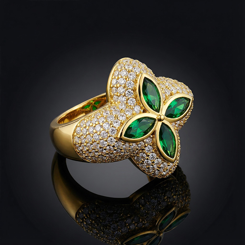Iced Out Four Leaf Clover Emerald Ring