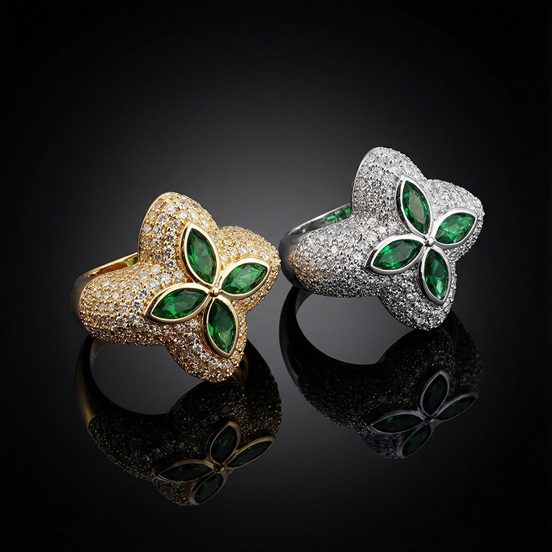 Iced Out Four Leaf Clover Emerald Ring