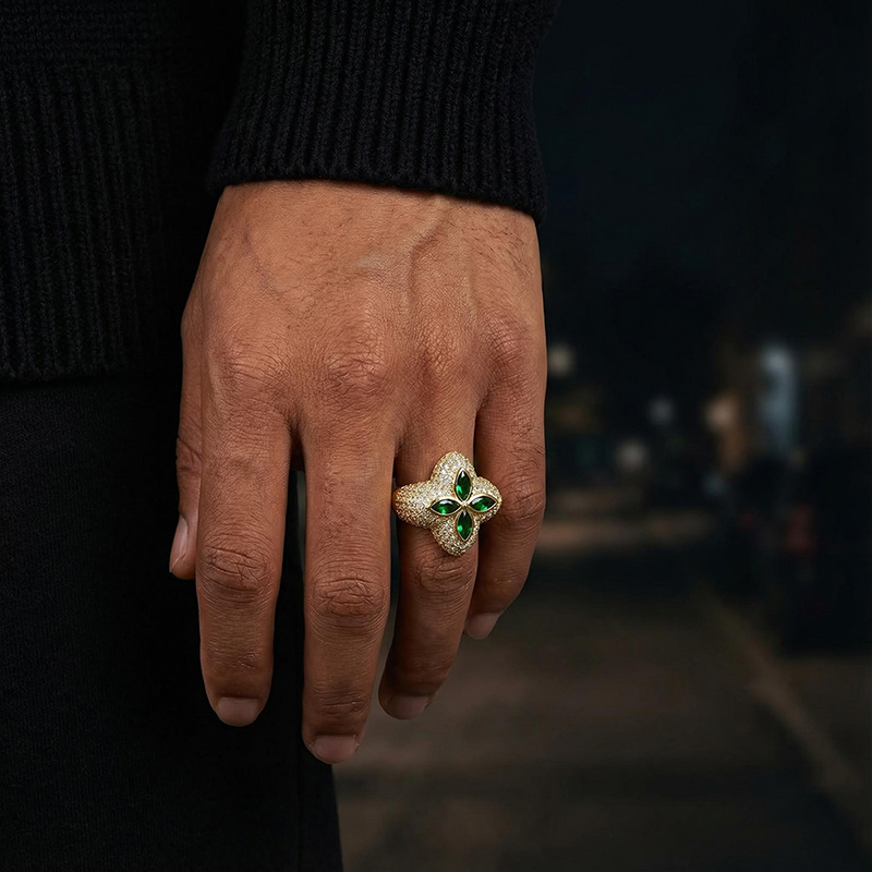 Iced Out Four Leaf Clover Emerald Ring