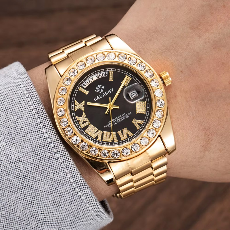 Iced Roman Numeral Calendar Quartz Watch with Gold Stainless Steel Strap