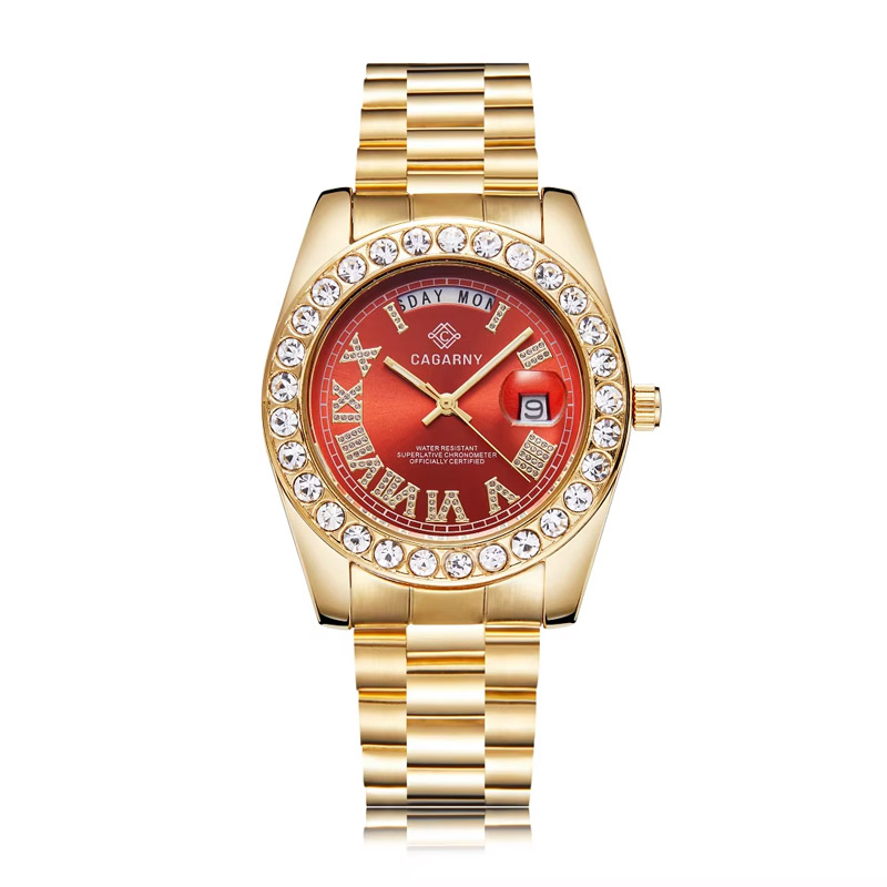 Iced Roman Numeral Calendar Quartz Watch with Gold Stainless Steel Strap