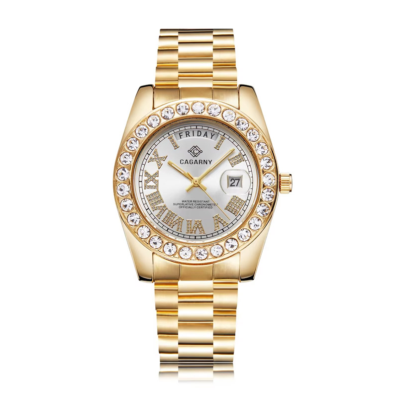 Iced Roman Numeral Calendar Quartz Watch with Gold Stainless Steel Strap