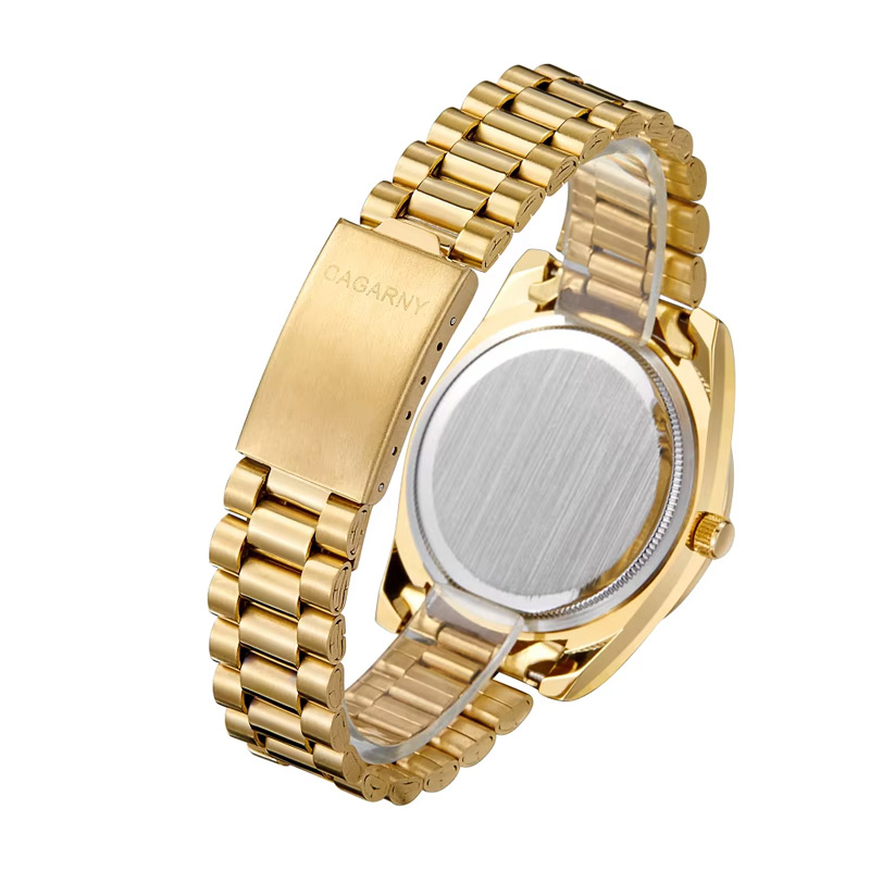 Iced Roman Numeral Calendar Quartz Watch with Gold Stainless Steel Strap