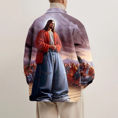 Spoof Religious Print Shirt Jacket