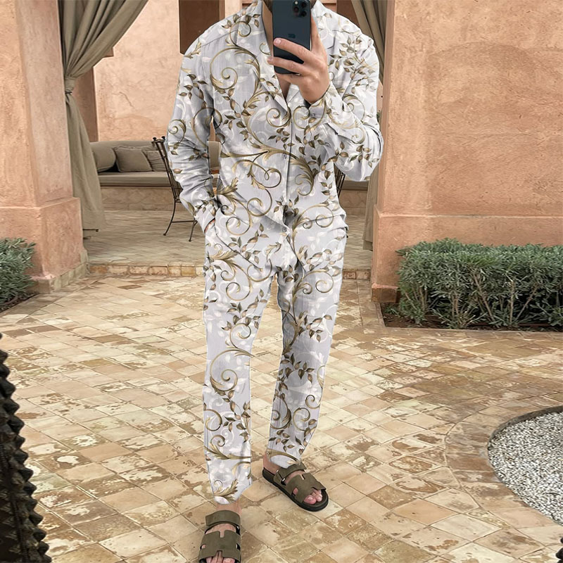 Baroque Floral Print Cotton and Linen Shirt Set