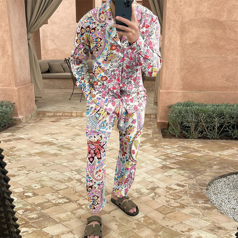 Baroque Floral Print Cotton and Linen Shirt Set