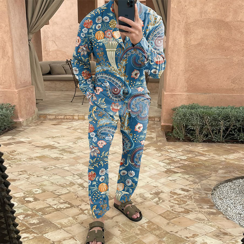 Baroque Floral Print Cotton and Linen Shirt Set