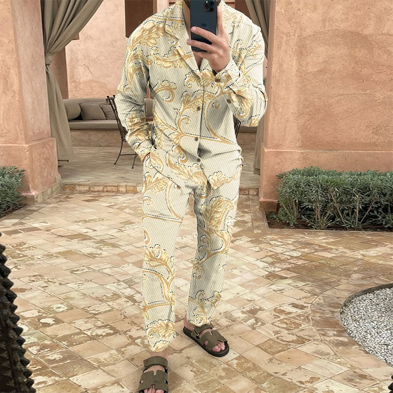 Baroque Floral Print Cotton and Linen Shirt Set