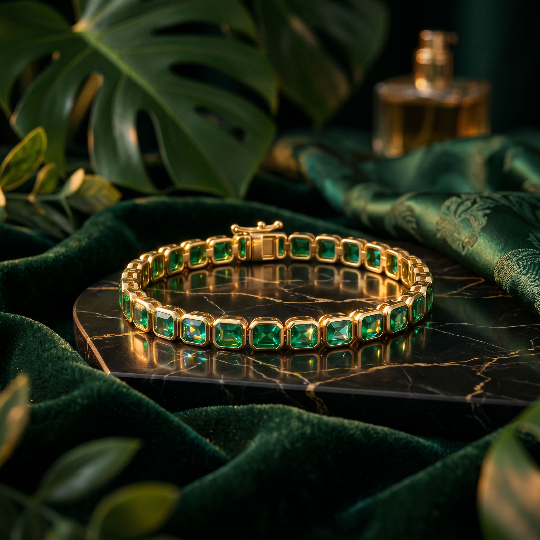 S925 Silver Emerald Tennis Bracelet in Yellow Gold