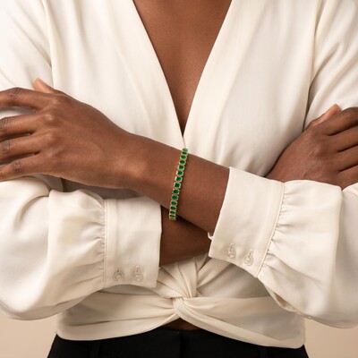 S925 Silver Emerald Tennis Bracelet in Yellow Gold