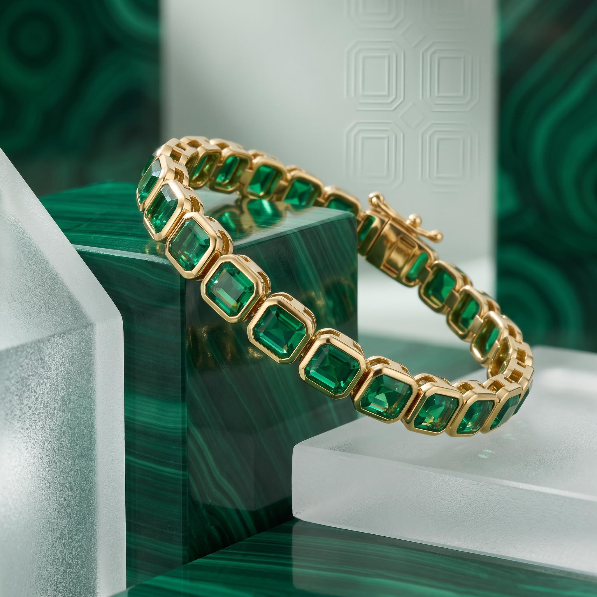 S925 Silver Emerald Tennis Bracelet in Yellow Gold S925 Silver Emerald Tennis Bracelet in Yellow Gold