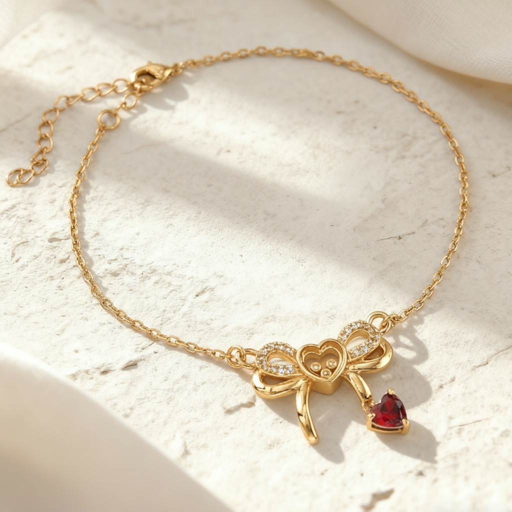 Customized Heart-Shaped Birthstone Floating Diamonds Bow Bracelet Customized Heart-Shaped Birthstone Floating Diamonds Bow Bracelet