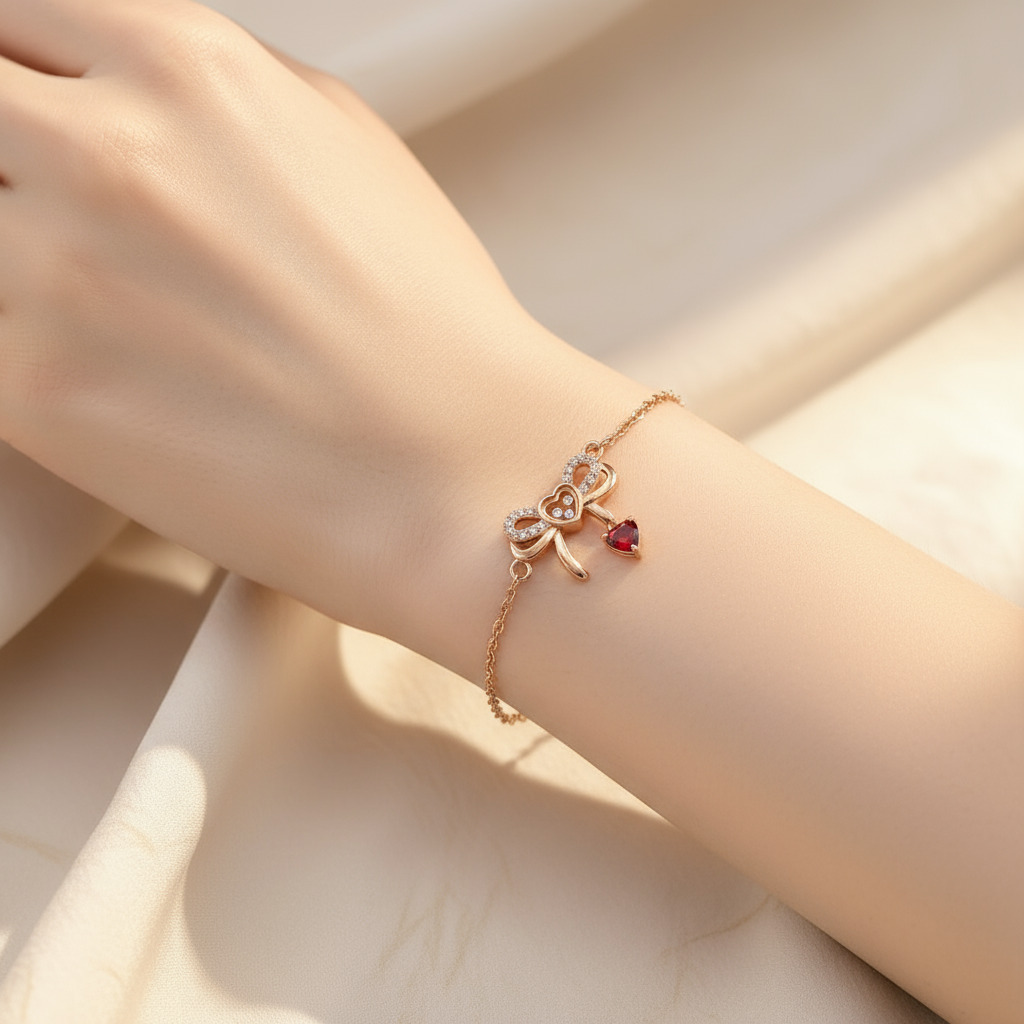 Customized Heart-Shaped Birthstone Floating Diamonds Bow Bracelet Customized Heart-Shaped Birthstone Floating Diamonds Bow Bracelet