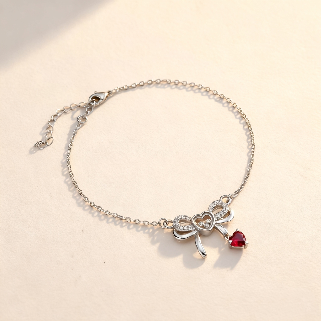 Customized Heart-Shaped Birthstone Floating Diamonds Bow Bracelet Customized Heart-Shaped Birthstone Floating Diamonds Bow Bracelet