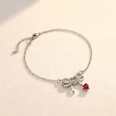 Customized Heart-Shaped Birthstone Floating Diamonds Bow Bracelet