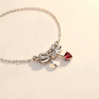 Customized Heart-Shaped Birthstone Floating Diamonds Bow Bracelet