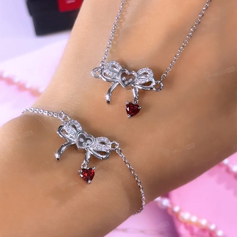 Customized Heart-Shaped Birthstone Floating Diamonds Bow Bracelet
