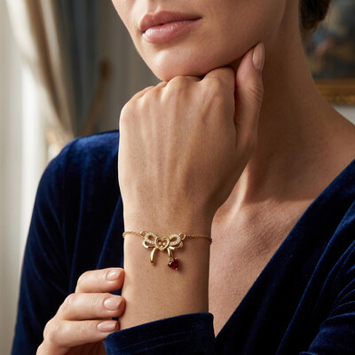 Customized Heart-Shaped Birthstone Floating Diamonds Bow Bracelet
