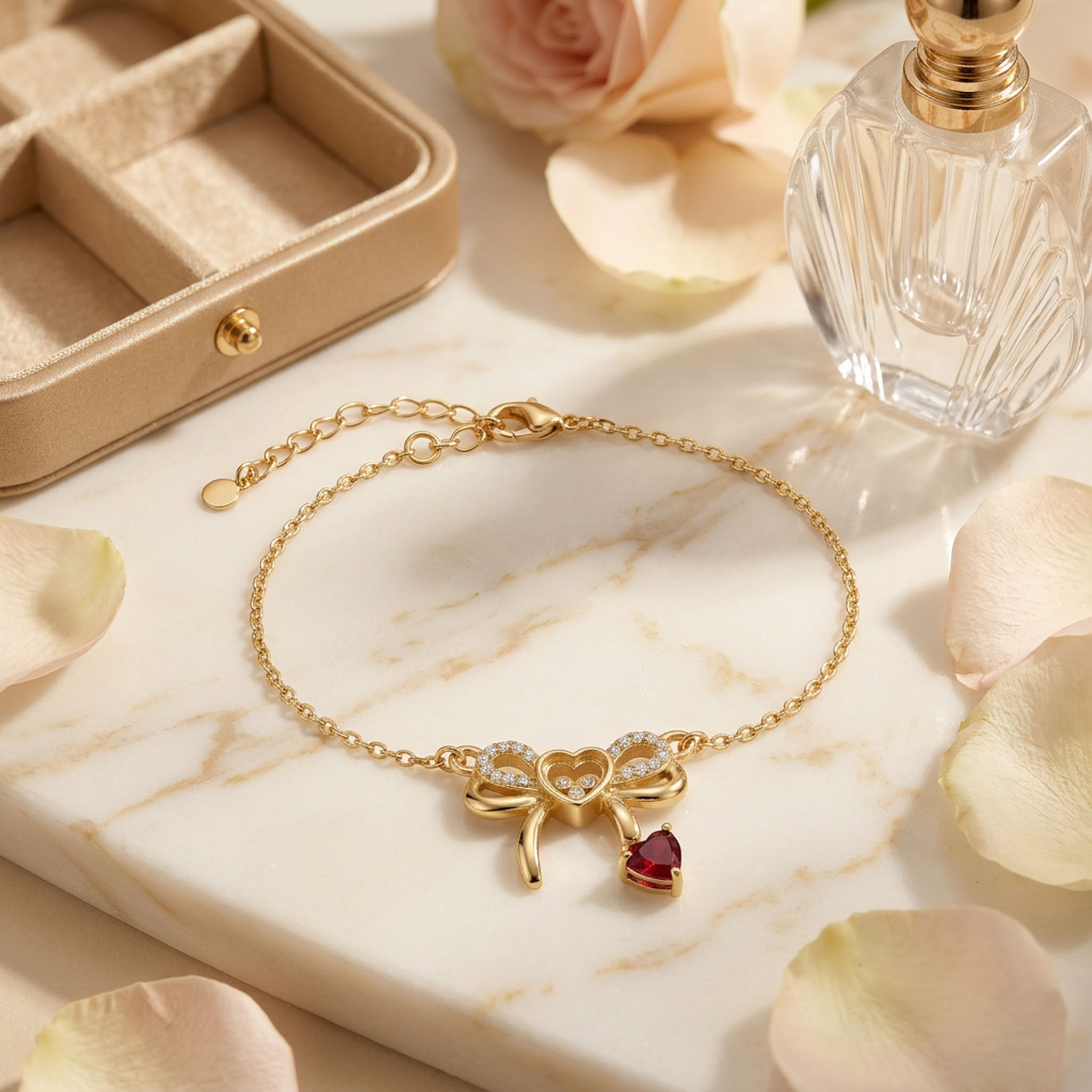 Customized Heart-Shaped Birthstone Floating Diamonds Bow Bracelet