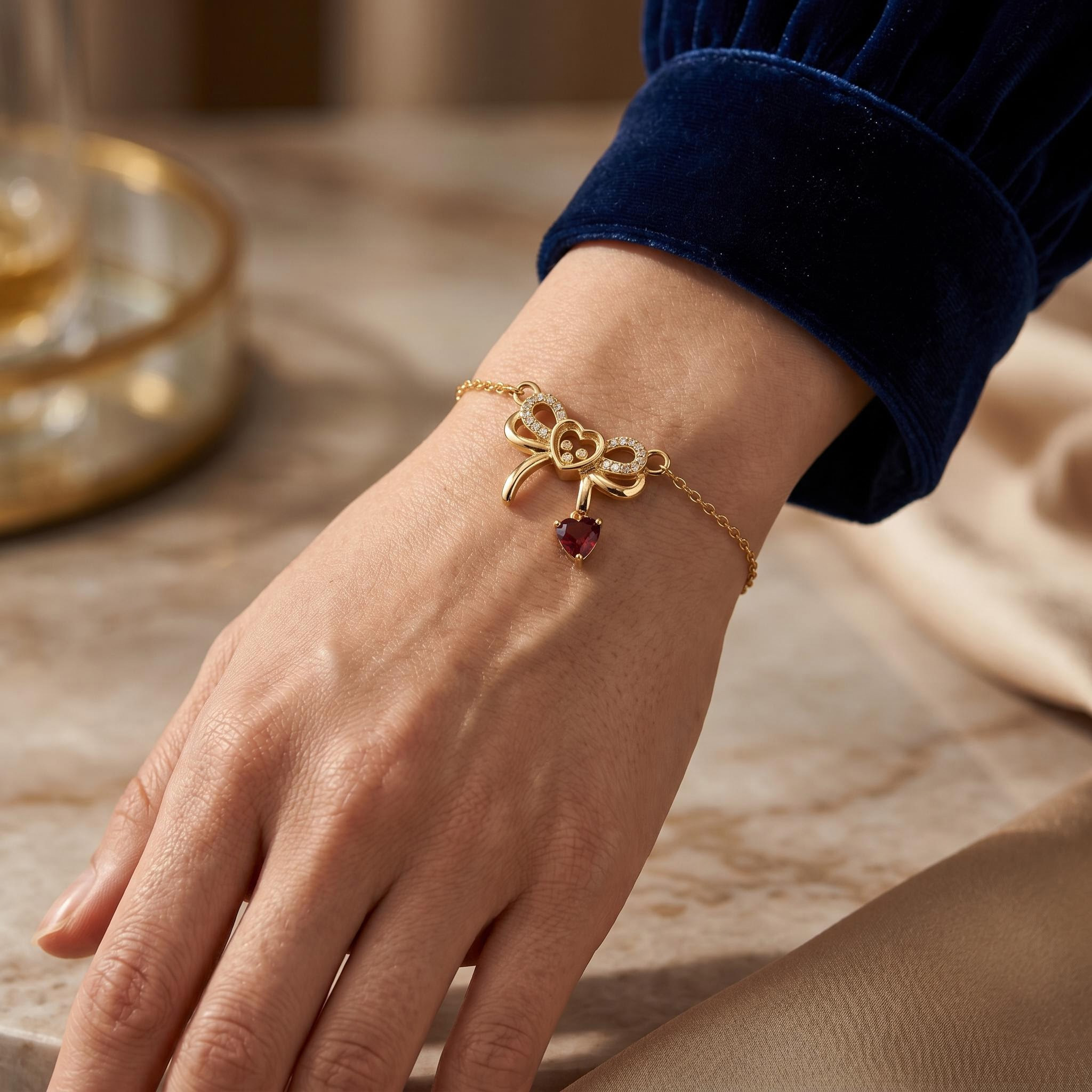 Customized Heart-Shaped Birthstone Floating Diamonds Bow Bracelet