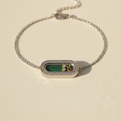 Personalized S925 Silver Malachite & Multi-Gem Oval-Shape Bracelet with Engraving Name/Date