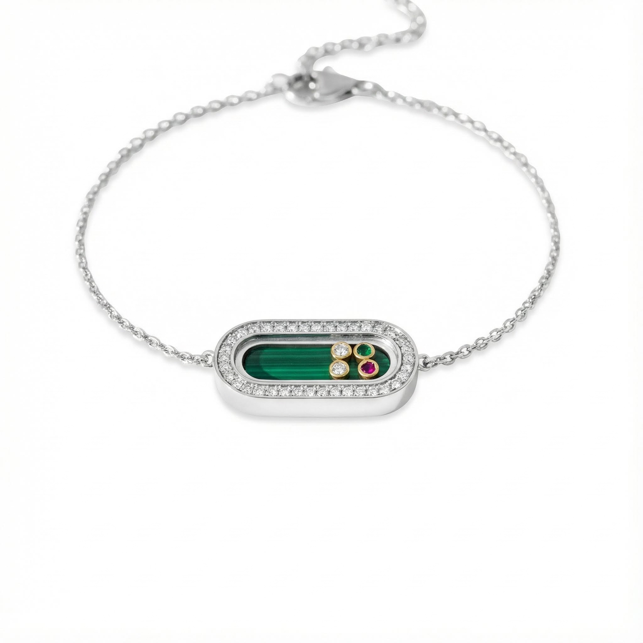 Personalized S925 Silver Malachite & Multi-Gem Oval-Shape Bracelet with Engraving Name/Date