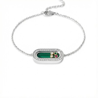 Personalized S925 Silver Malachite & Multi-Gem Oval-Shape Bracelet with Engraving Name/Date