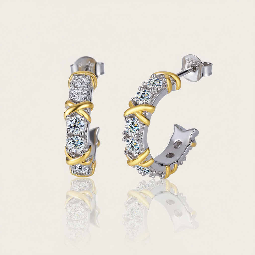 VVS Moissanite S925 Silver Two-tone Criss Cross Hoop Earrings