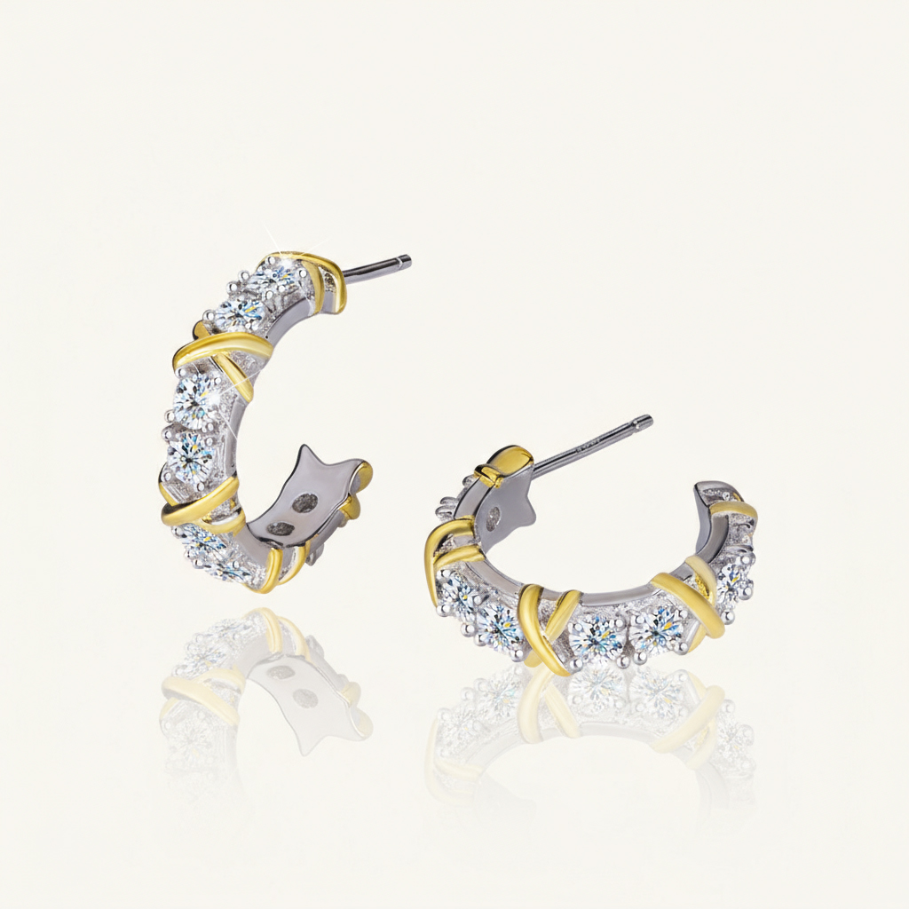 VVS Moissanite S925 Silver Two-tone Criss Cross Hoop Earrings